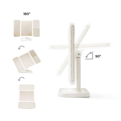 Espejo de Maquillaje Tríptico Recargable con Luz LED y Aumento