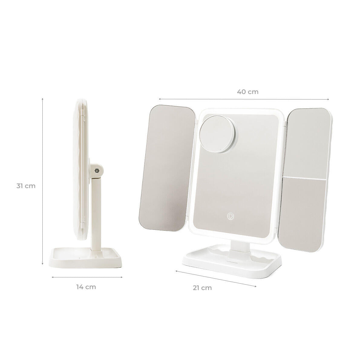 Espejo de Maquillaje Tríptico Recargable con Luz LED y Aumento