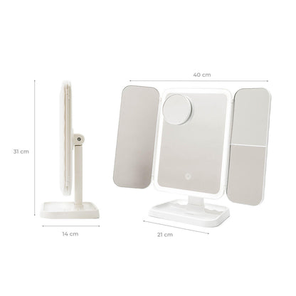 Espejo de Maquillaje Tríptico Recargable con Luz LED y Aumento