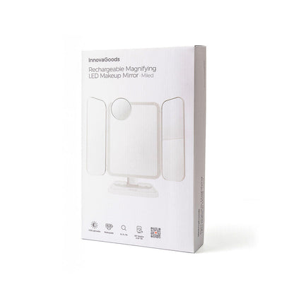 Espejo de Maquillaje Tríptico Recargable con Luz LED y Aumento