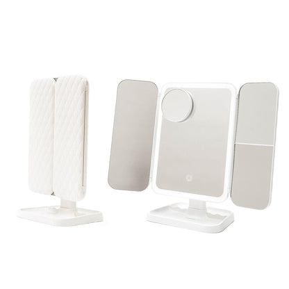 Espejo de Maquillaje Tríptico Recargable con Luz LED y Aumento